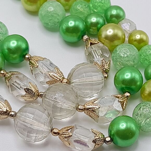 Vintage Green Faux Pearl Clear Bead Necklace, 1950s, Three Strands, 18" - Picture 13 of 13